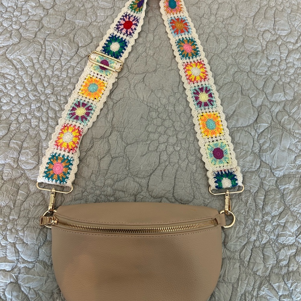 Beige Crossbody Bag with crochet Colorful Strap